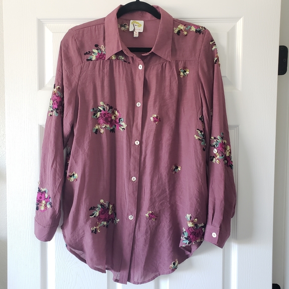Anthropologie Fig and Flower Mauve Embroidered Collar Cottagecore Top #29 - Picture 2 of 8
